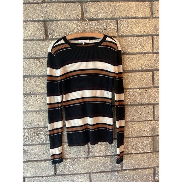 Frame Black & Beige Striped Ribbed Knit Long Sleeve Sweater L/G - Picture 1 of 6